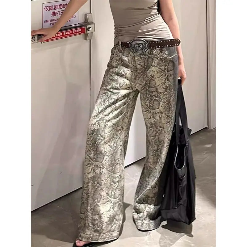 LVSANW American Retro Snake Print Wide Leg Jeans Women Y2K Streetwear Hip Hop Loose Wash Fashion Street High Waist Straight Jeans