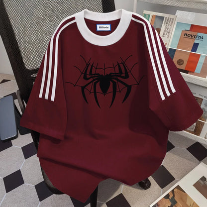 LVSANW American Retro Top Side Stripe Spider Print Short-sleeved Men Women Harajuku Patchwork High Street T-shirts Y2k Gothic Clothing