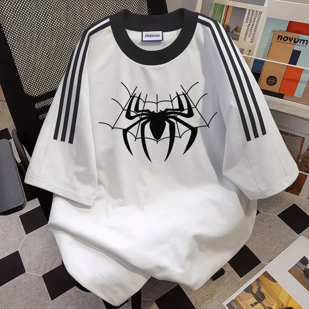 LVSANW American Retro Top Side Stripe Spider Print Short-sleeved Men Women Harajuku Patchwork High Street T-shirts Y2k Gothic Clothing