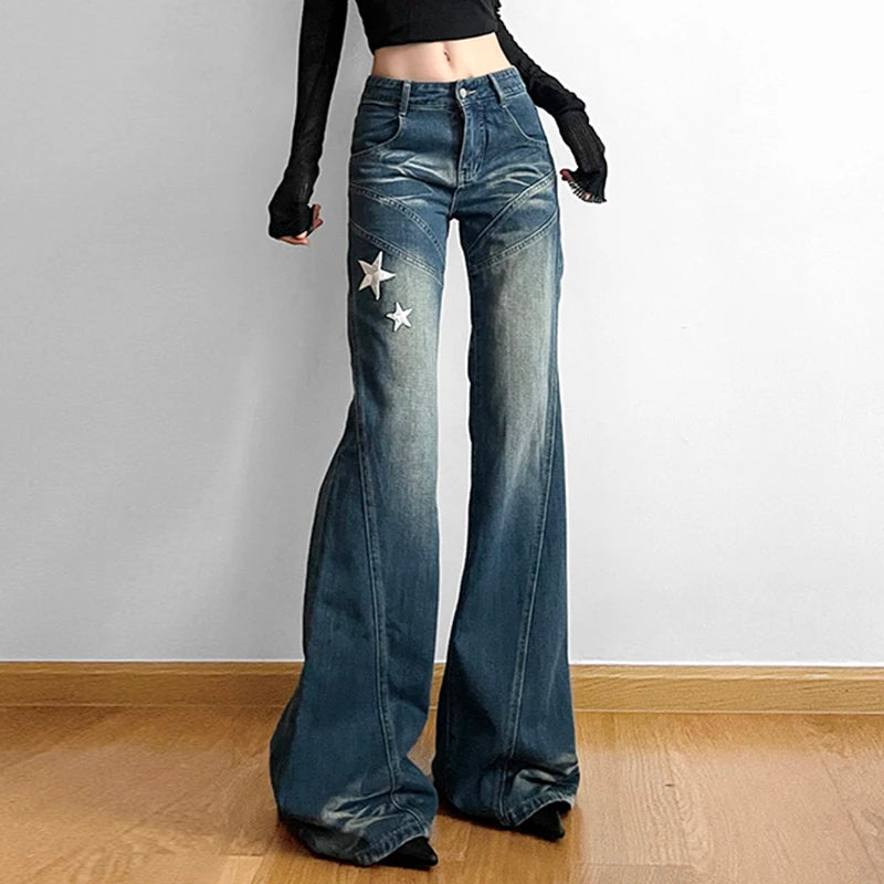 LVSANW American Retro Women's Embroidered Star Street Y2K Jeans Wide Leg Loose Stripe All-match Mopping Pants Fashion Street Clothing