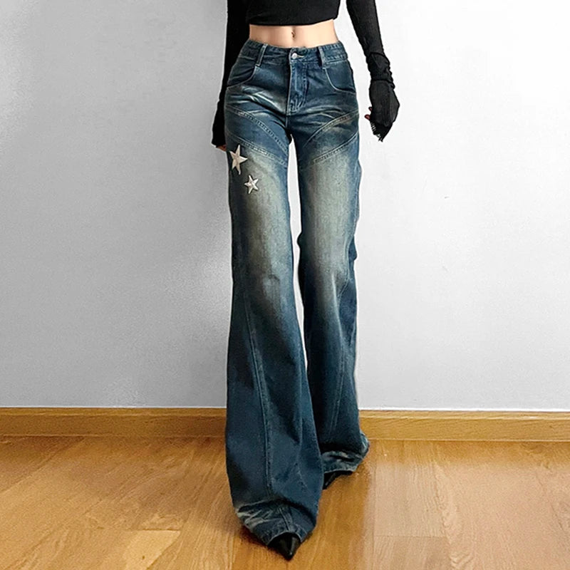 LVSANW American Retro Women's Embroidered Star Street Y2K Jeans Wide Leg Loose Stripe All-match Mopping Pants Fashion Street Clothing