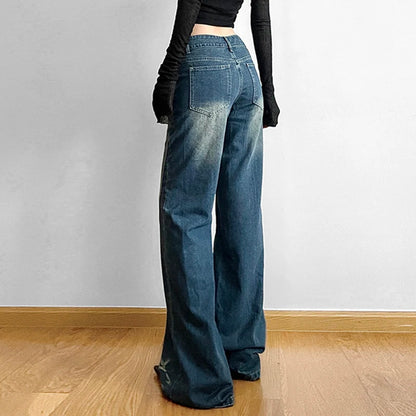 LVSANW American Retro Women's Embroidered Star Street Y2K Jeans Wide Leg Loose Stripe All-match Mopping Pants Fashion Street Clothing