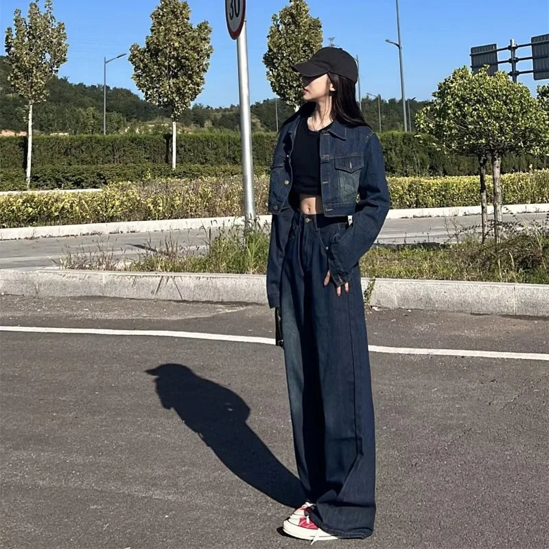 LVSANW American Style Denim Jacket Spring and Autumn New High-grade Wide-leg Pants Two-piece Suit Women  2 Piece Sets Womens Outfits