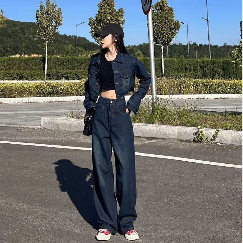 LVSANW American Style Denim Jacket Spring and Autumn New High-grade Wide-leg Pants Two-piece Suit Women  2 Piece Sets Womens Outfits