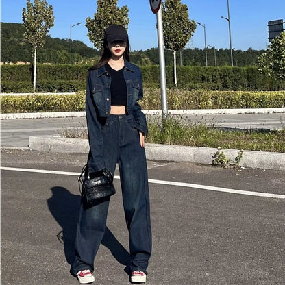 LVSANW American Style Denim Jacket Spring and Autumn New High-grade Wide-leg Pants Two-piece Suit Women  2 Piece Sets Womens Outfits