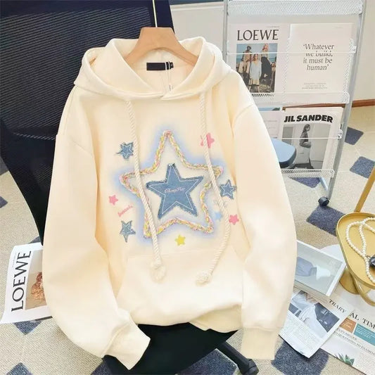 LVSANW American Style Hip Hop Star Printing Cracker Khaki Hooded Sweatshirt Women's Autumn Winter Lazy Campus Style Petite Jacket