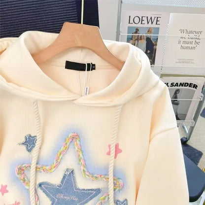 LVSANW American Style Hip Hop Star Printing Cracker Khaki Hooded Sweatshirt Women's Autumn Winter Lazy Campus Style Petite Jacket