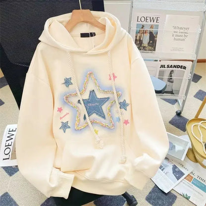 LVSANW American Style Hip Hop Star Printing Cracker Khaki Hooded Sweatshirt Women's Autumn Winter Lazy Campus Style Petite Jacket