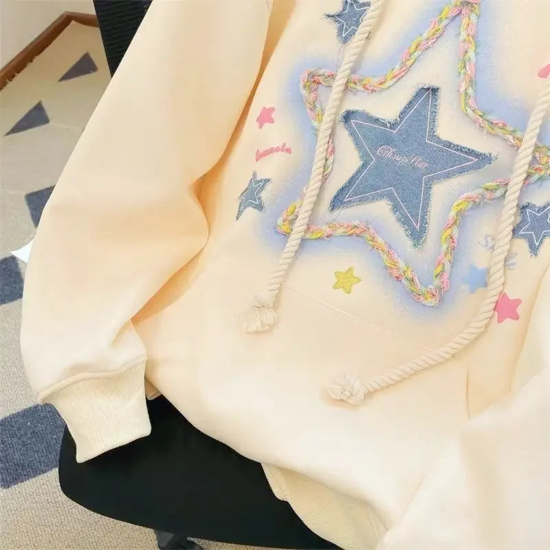 LVSANW American Style Hip Hop Star Printing Cracker Khaki Hooded Sweatshirt Women's Autumn Winter Lazy Campus Style Petite Jacket