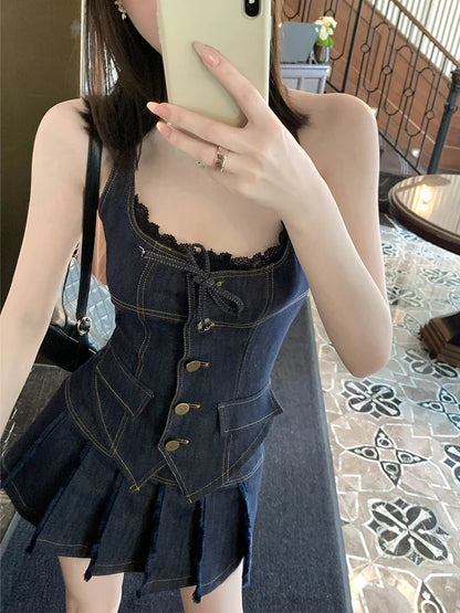 LVSANW American Style Outfits 2 Piece Skirt Set Korean Single Breasted Denim Halter Tops + Women Fashion Sexy Pleated Skirt Hot Girls