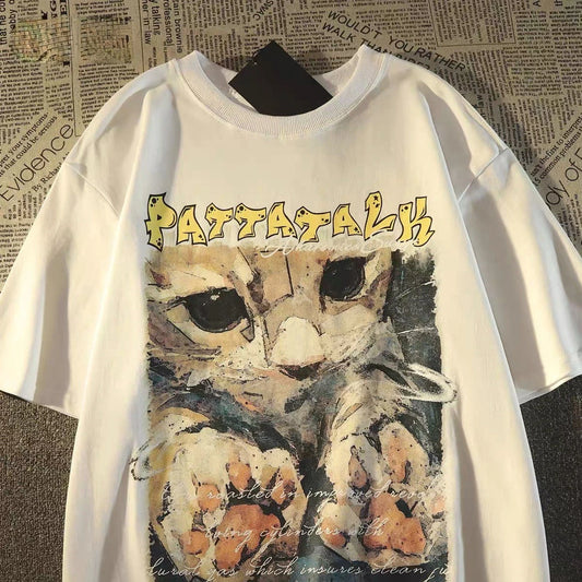 LVSANW American Style Retro Vintage Cute Cartoon Cat Printed T-shirt Men and Women Summer Fashion Trend Casual Couple Top Y2K Harajuku