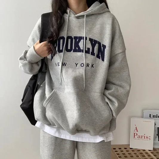 LVSANW American Style printed Letter Hooded Sweatshirt Women's Loose Fit Thickened Fleece Lined Cross-border Clothing