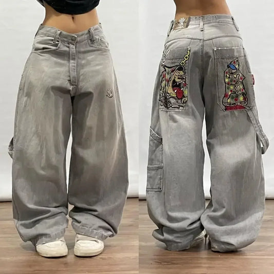 LVSANW American Vintage Gothic Print Jeans Women Y2K New Street Hip Hop Low Waist Mopping Wide Leg Pants Harajuku Casual Loose Trousers