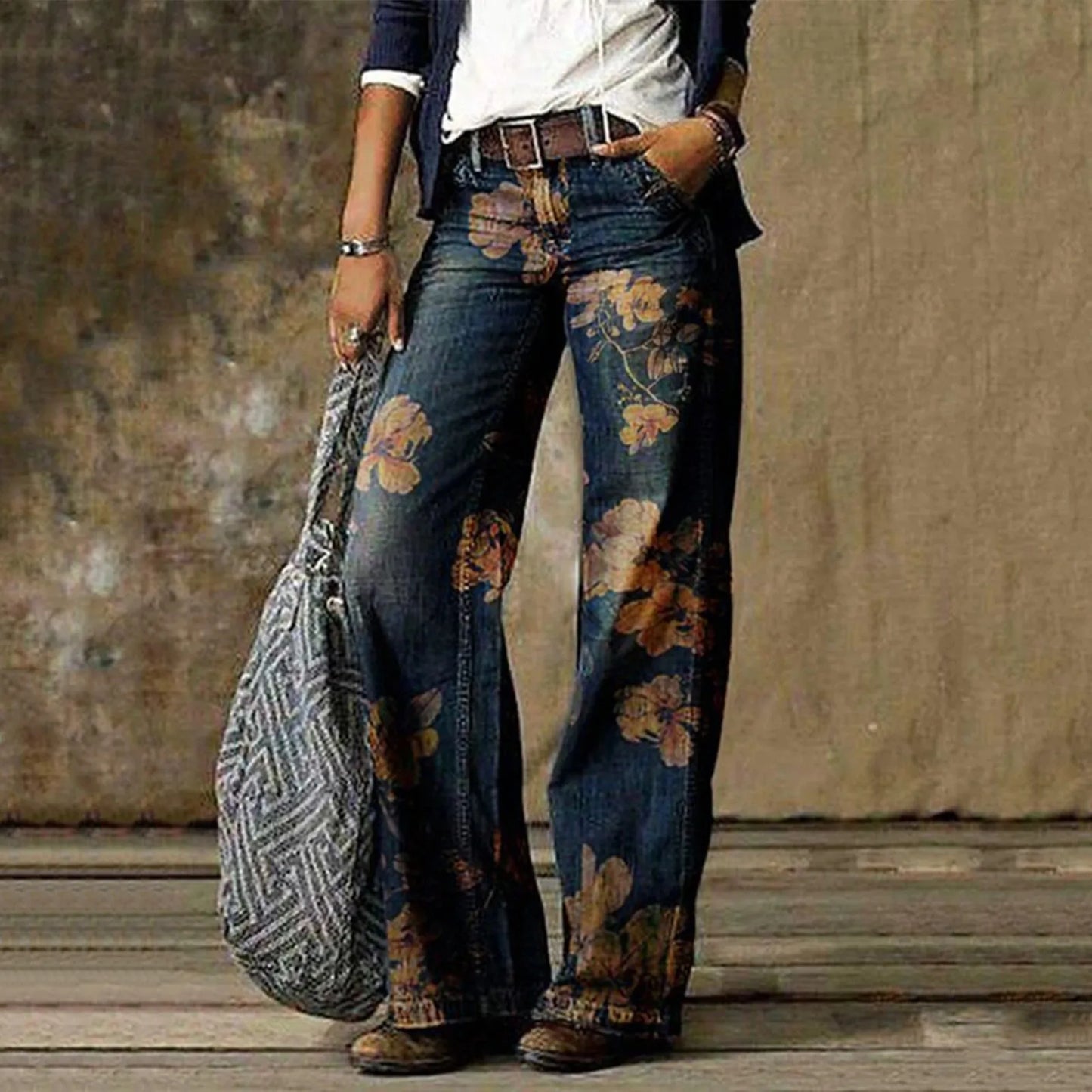 LVSANW American Wash Old Big Print Micro Flare Jeans Female Retro Loose Straight Pants High Waist Draped Casual Denim Trousers