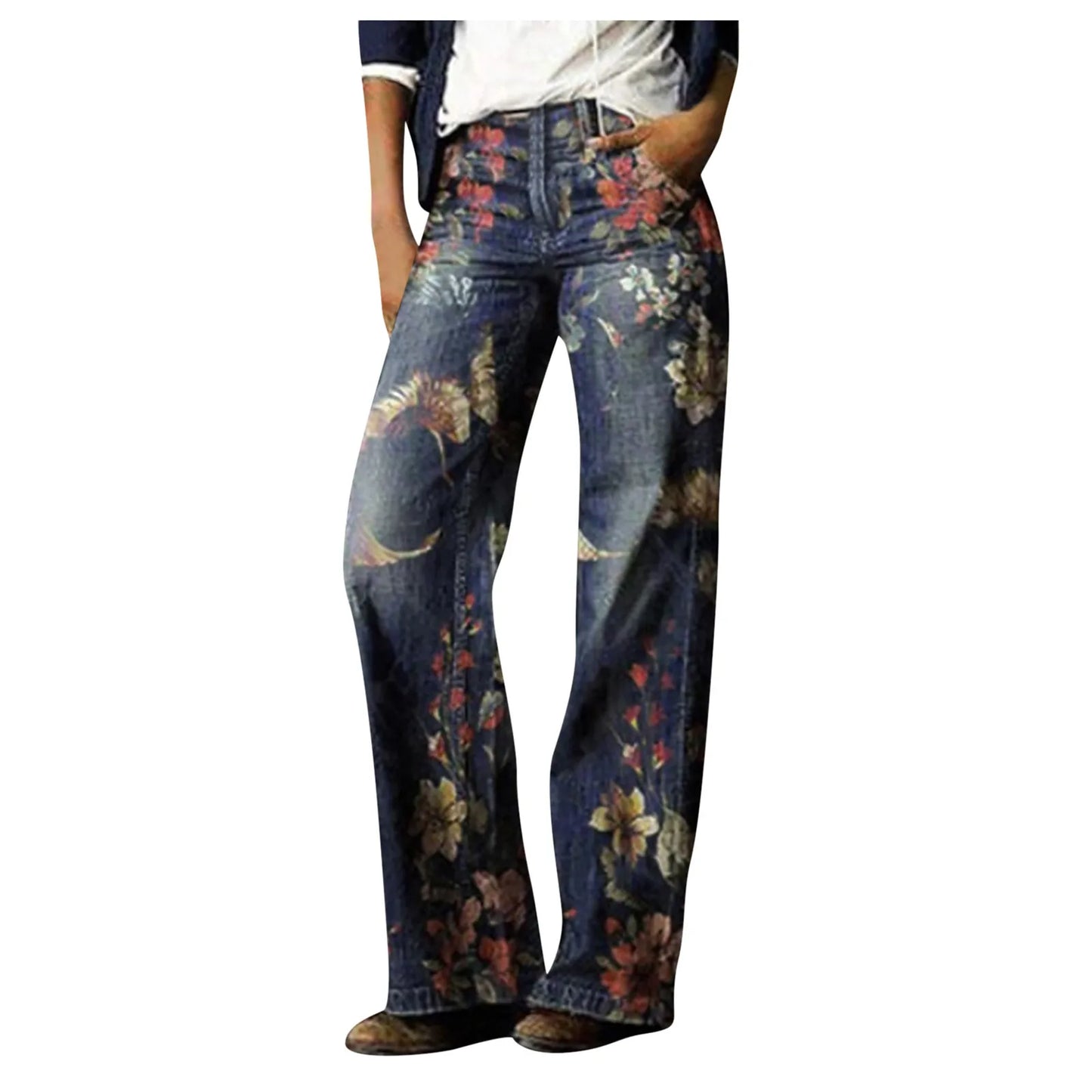 LVSANW American Wash Old Big Print Micro Flare Jeans Female Retro Loose Straight Pants High Waist Draped Casual Denim Trousers