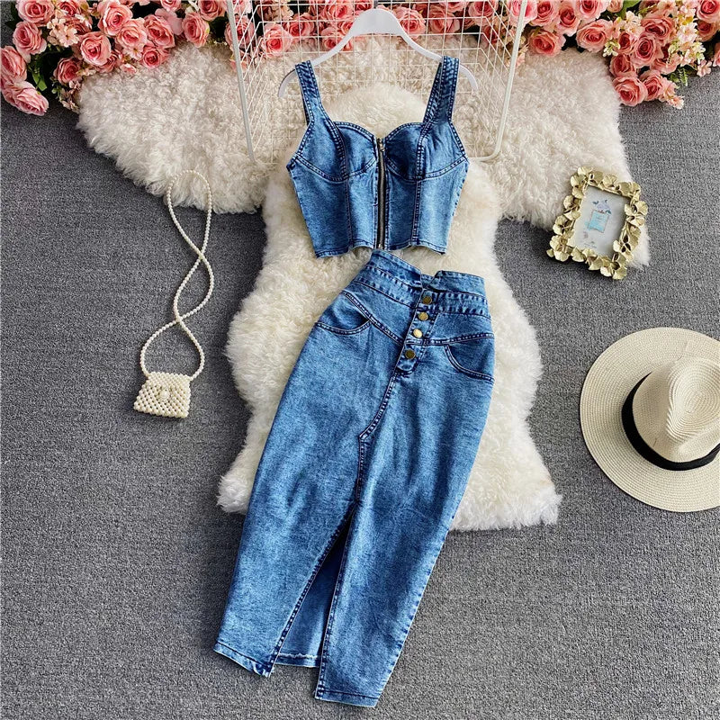 LVSANW Amolapha Women Summer Denim Clothes Sets Strapless Strap Cowboy Camisole Tops+High Waist Split Jeans Mid-Length Skirts Suits