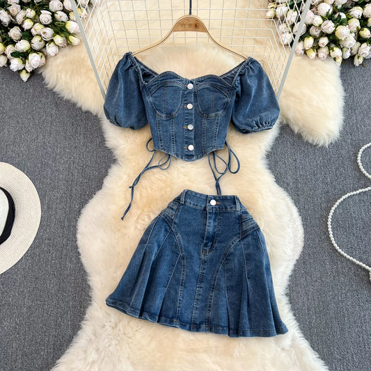 LVSANW Amolapha Women Summer Jeans Sets Strapless Bandage Denim Short Style Tops+Mini Fishtail Denim Skirt 2 Pieces Clothing Suits