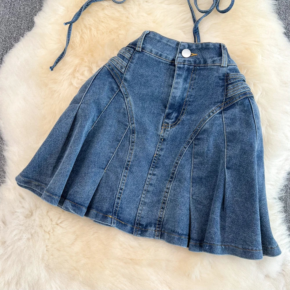 LVSANW Amolapha Women Summer Jeans Sets Strapless Bandage Denim Short Style Tops+Mini Fishtail Denim Skirt 2 Pieces Clothing Suits