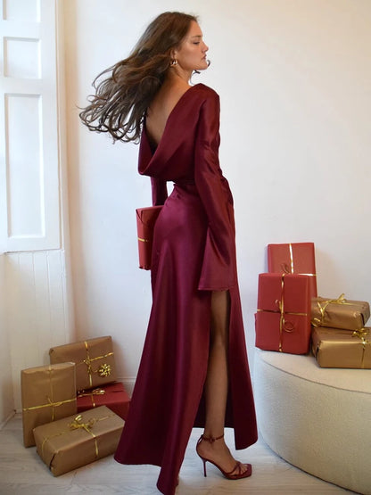 LVSANW Articat Elegant Christmas Evening Dress Women Long Sleeve Dress Bodycon Max Female Vestidos High Grade Satin Party Club Clothing