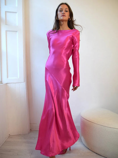 LVSANW Articat Elegant Christmas Evening Dress Women Long Sleeve Dress Bodycon Max Female Vestidos High Grade Satin Party Club Clothing