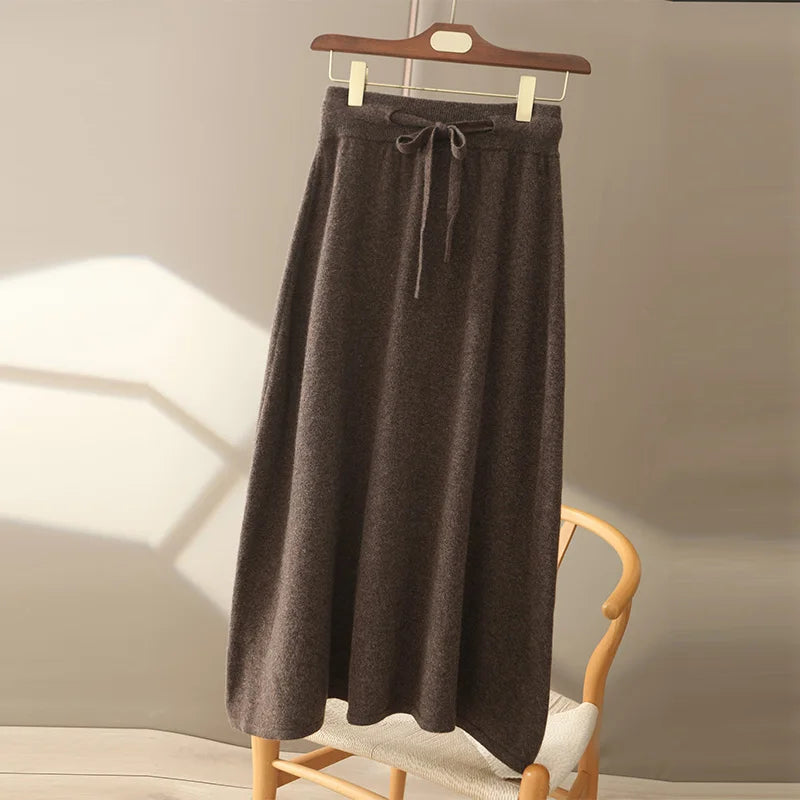 LVSANW Autumn And Winter100% Pure Wool Skirt Women's Long Pocket Small A Skirt High Waist Slim Cashmere Knit A-Line Skirt