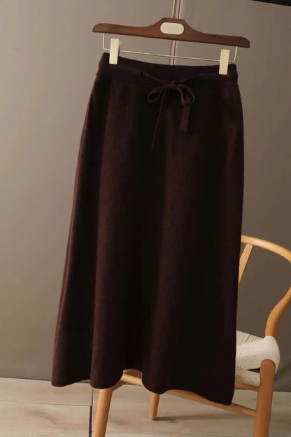 LVSANW Autumn And Winter100% Pure Wool Skirt Women's Long Pocket Small A Skirt High Waist Slim Cashmere Knit A-Line Skirt