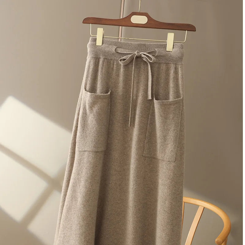 LVSANW Autumn And Winter100% Pure Wool Skirt Women's Long Pocket Small A Skirt High Waist Slim Cashmere Knit A-Line Skirt