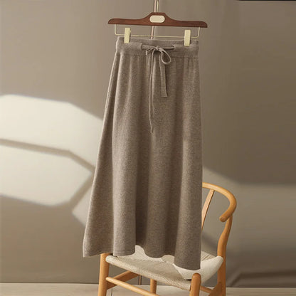 LVSANW Autumn And Winter100% Pure Wool Skirt Women's Long Pocket Small A Skirt High Waist Slim Cashmere Knit A-Line Skirt