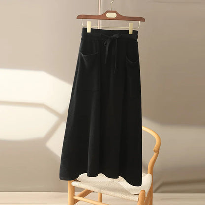 LVSANW Autumn And Winter100% Pure Wool Skirt Women's Long Pocket Small A Skirt High Waist Slim Cashmere Knit A-Line Skirt