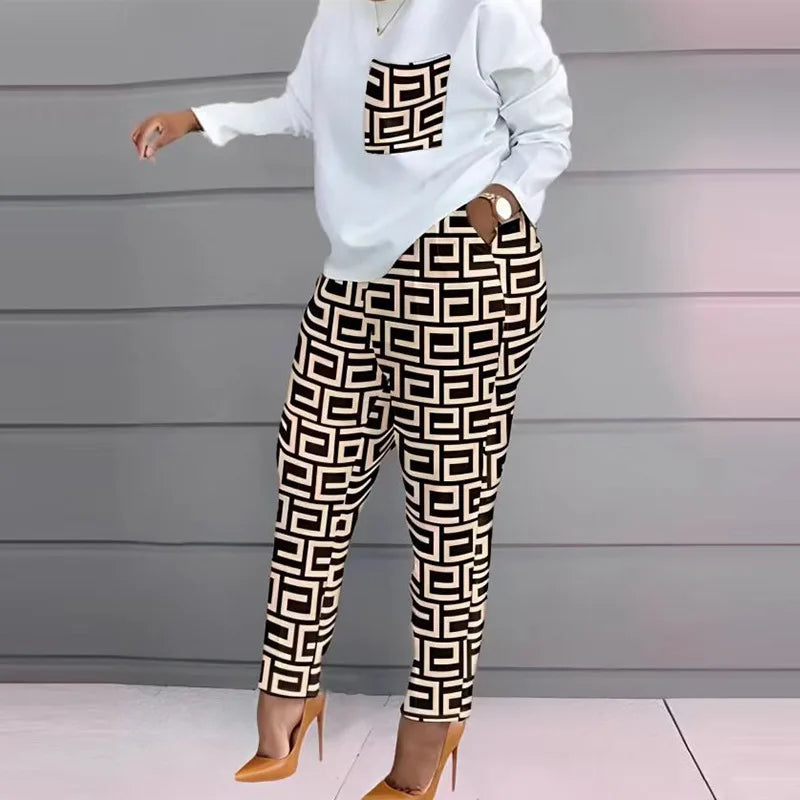 LVSANW Autumn Casual Printed 2 Piece Outfit Women Fashion Sport Two Piece Set Long Sleeve T Shirt Tops Pants Suit Women Tracksuit Sets