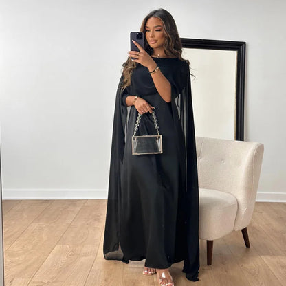 LVSANW Autumn Fashion Muslim Women Dress Elegant Solid Chiffon Cloak Satin Dress Dubai Abaya Women