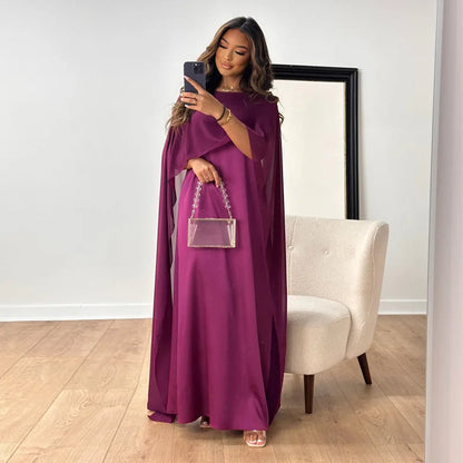 LVSANW Autumn Fashion Muslim Women Dress Elegant Solid Chiffon Cloak Satin Dress Dubai Abaya Women