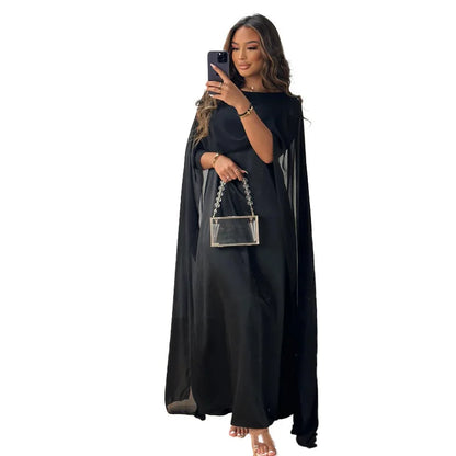 LVSANW Autumn Fashion Muslim Women Dress Elegant Solid Chiffon Cloak Satin Dress Dubai Abaya Women