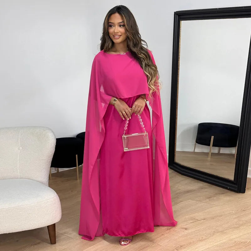 LVSANW Autumn Fashion Muslim Women Dress Elegant Solid Chiffon Cloak Satin Dress Dubai Abaya Women