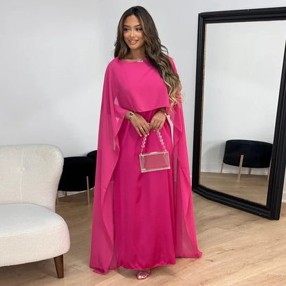 LVSANW Autumn Fashion Muslim Women Dress Elegant Solid Chiffon Cloak Satin Dress Dubai Abaya Women