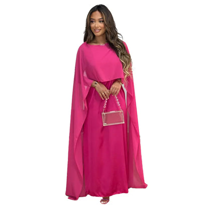 LVSANW Autumn Fashion Muslim Women Dress Elegant Solid Chiffon Cloak Satin Dress Dubai Abaya Women