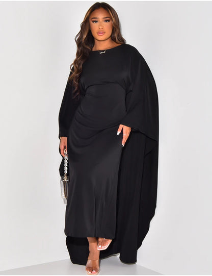 LVSANW Autumn Fashion Satin Party Dress Robe Abaya Muslim Women Elegant Solid Round Neck Bat Sleeves Loose Maxi Dress Women