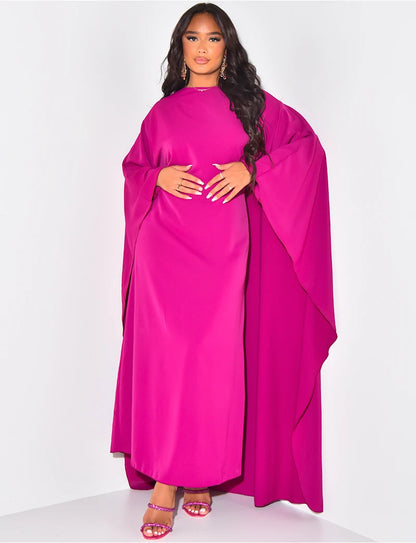 LVSANW Autumn Fashion Satin Party Dress Robe Abaya Muslim Women Elegant Solid Round Neck Bat Sleeves Loose Maxi Dress Women