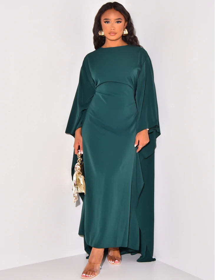 LVSANW Autumn Fashion Satin Party Dress Robe Abaya Muslim Women Elegant Solid Round Neck Bat Sleeves Loose Maxi Dress Women