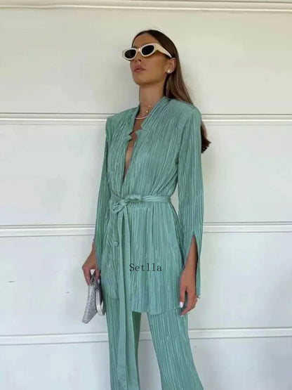 LVSANW utumn Green Pleated Pants Set Bodycon Slit Trosuer Suits Fashion Lace-Up Long Sleeve Blazer 2 Piece Sets Womens Outfits