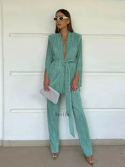 LVSANW Autumn Green Pleated Pants Set Bodycon Slit Trosuer Suits Fashion Lace-Up Long Sleeve Blazer 2 Piece Sets Womens Outfits