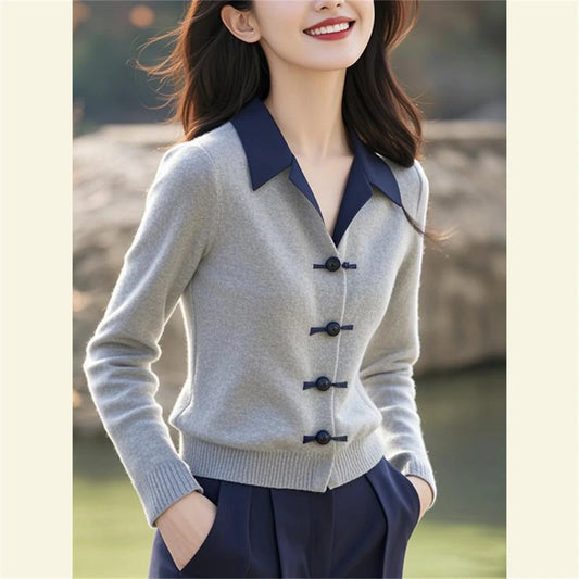 LVSANW Autumn High-end Temperament Tops New Chinese Style Gray Stitching Lapel Sweater Women's Japanese Korean Casual Knitted Cardigan