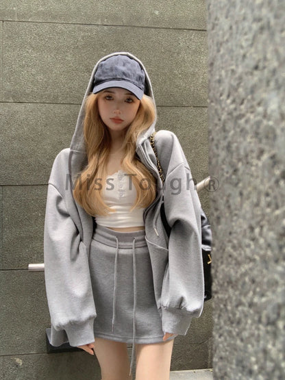 LVSANW Autumn Korean Fashion Y2k Two Piece Set Women Sportwear Elegant Tracksuist Female Hooded Sweatshirt＋Sweet Skirt Set 2024 New