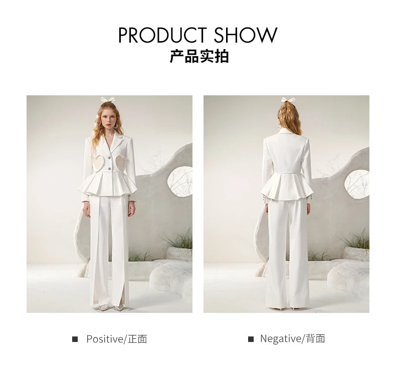 LVSANW Autumn New Design Commuter Love Pocket Suit Split Wide Leg Trousers Outfits White Business Temperament Women Two Pieces Sets