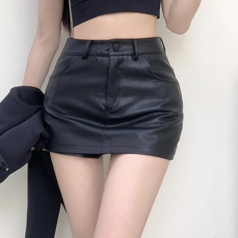 LVSANW Autumn Sexy PU Leather Shorts Skirt Women Black High Waisted A-line Mini Skirts Y2K Streetwear Female Hot Girl Shorts