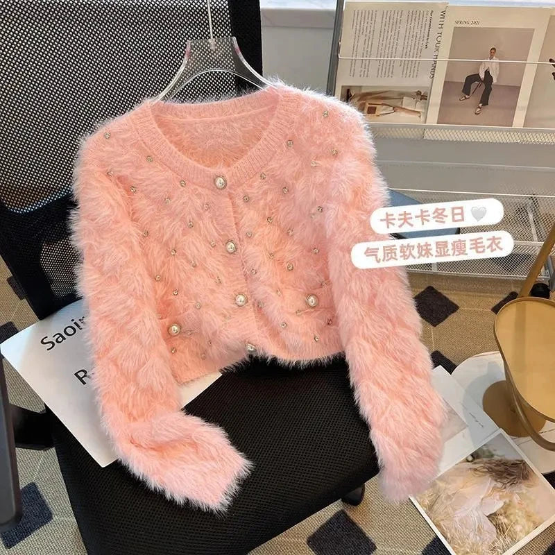 LVSANW Autumn Winter 2025 Long Sleeved Imitation Mink Women Cardigan Sweater Coat Age reduction Casual Female Knitted Sweater Jacket