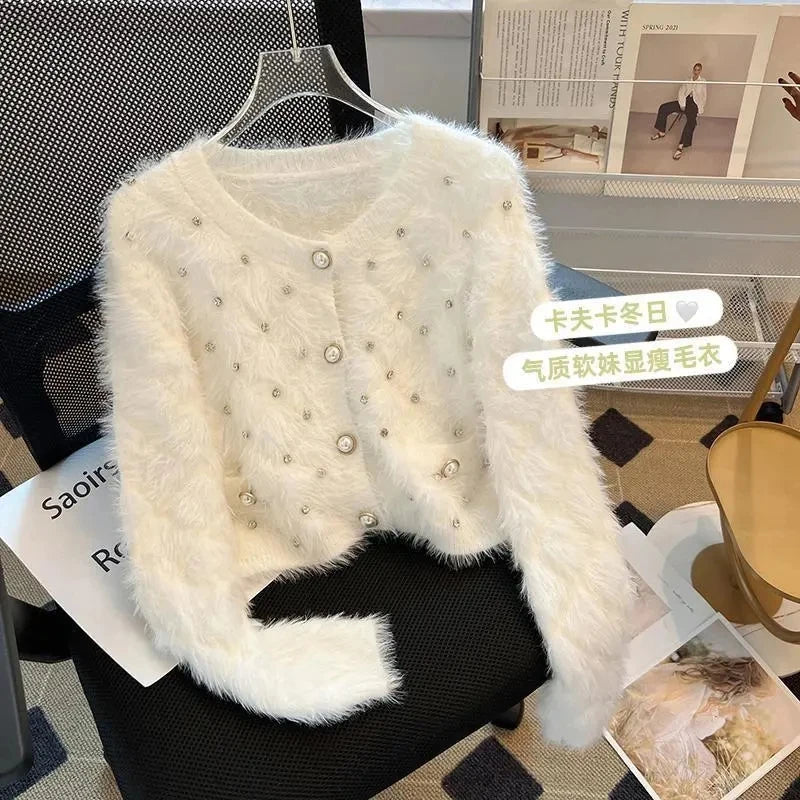 LVSANW Autumn Winter 2025 Long Sleeved Imitation Mink Women Cardigan Sweater Coat Age reduction Casual Female Knitted Sweater Jacket