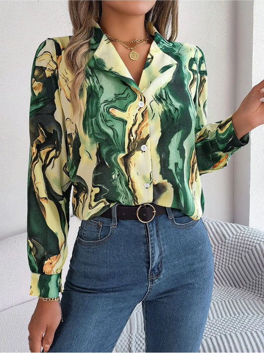 LVSANW Autumn Winter Casual Notched Long Sleeve Shirt Women Single Breasted Contrasting Colors Blouse Elegant Office Lady Clothes