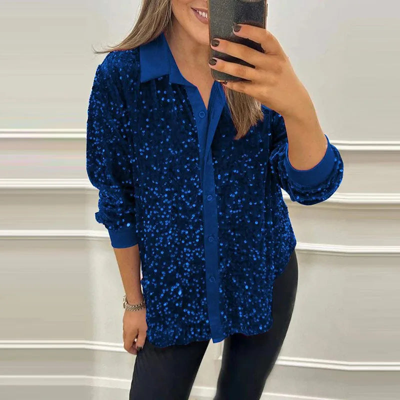 LVSANW Autumn Winter Fashion Long Sleeve Sequined Shirts Female Solid Color Casual Buttons Turn-down Collar Loose Elegant Party Blouses