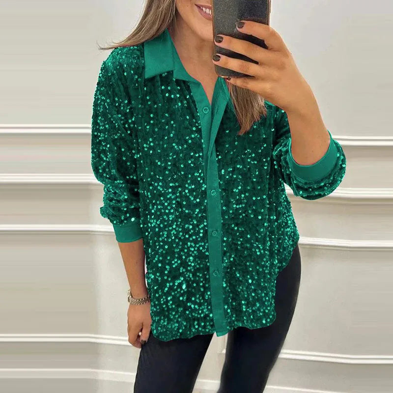 LVSANW Autumn Winter Fashion Long Sleeve Sequined Shirts Female Solid Color Casual Buttons Turn-down Collar Loose Elegant Party Blouses